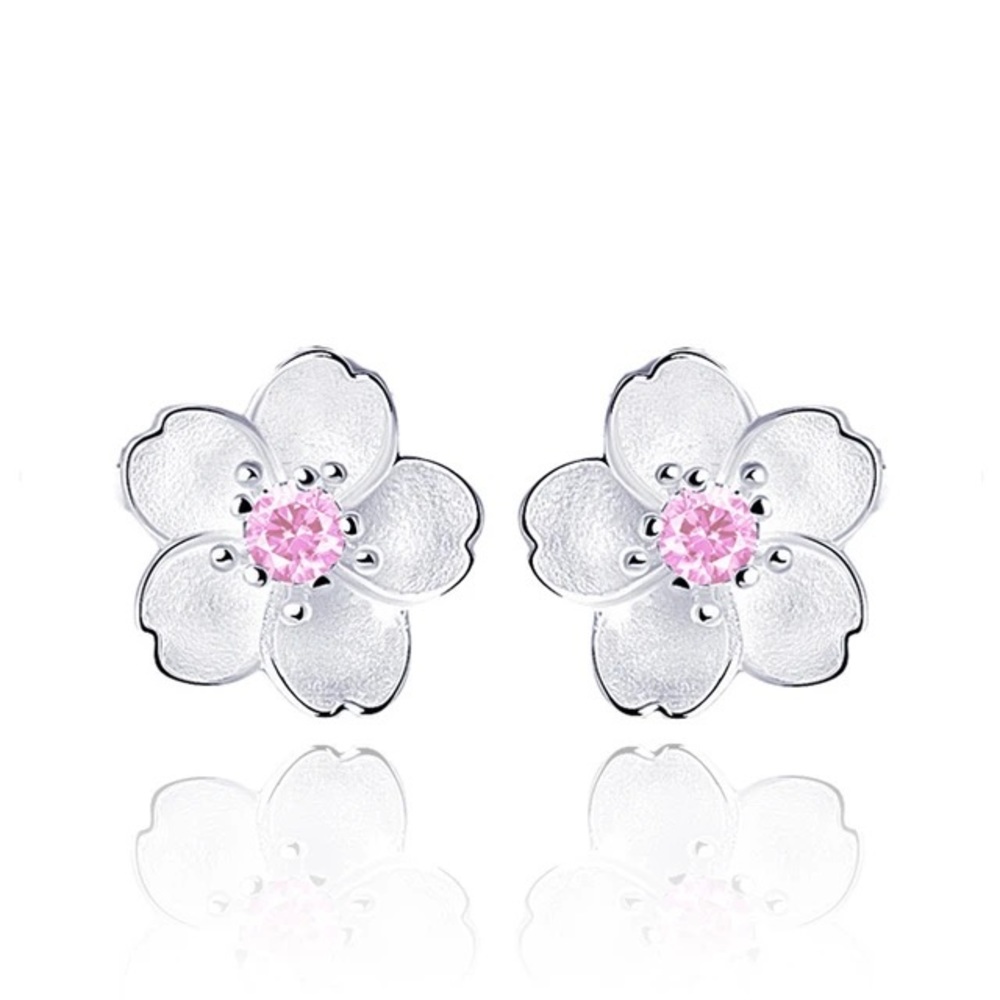 925 Sterling Silver Petite Cherry Blossom Sakura Silver Flowers Pink Diamanté - Picture 4 of 5